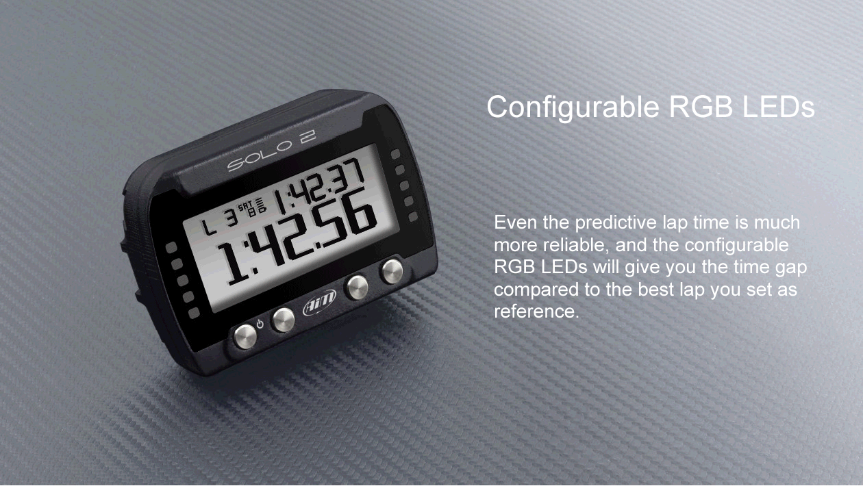 Solo2 LED Display, Even the predictive lap time is much more reliable and the Solo 2 configurable RGB LEDs will give you a clear and fast indication of the comparison with your best lap.